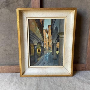 Pintura vintage francesa, calle de un pueblo, plaza, 1949, pintura a mano sobre cartón