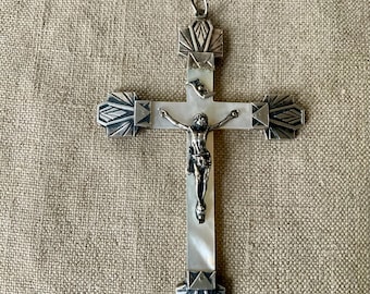 Cruz, plata esterlina y nácar, crucifijo francés vintage, colgante hecho a mano