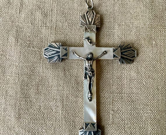 cross, silver sterling and mother of pearl, French vintage crucifix, Handmade pendant