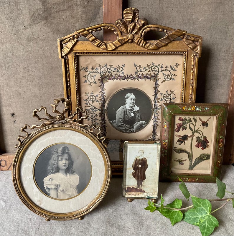 May include: A collection of antique picture frames in various shapes and sizes. The frames are gold-toned and ornate, with detailed carvings. The images inside are black and white portraits and botanical prints, creating a vintage aesthetic.