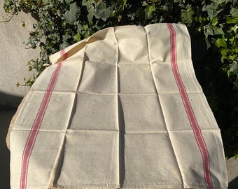 Asciugamano vintage francese, lino, strisce rosse, fatto a mano