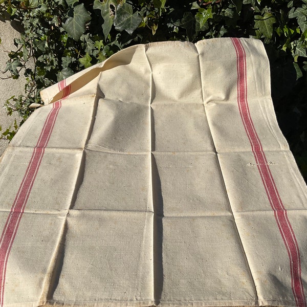 French Vintage Dish Towel, Linen, Red stripes, Handmade