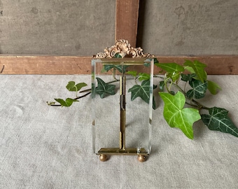 French vintage small photo frame, brass, golden bronze deco, 19th Handmade, chips on beveled glass