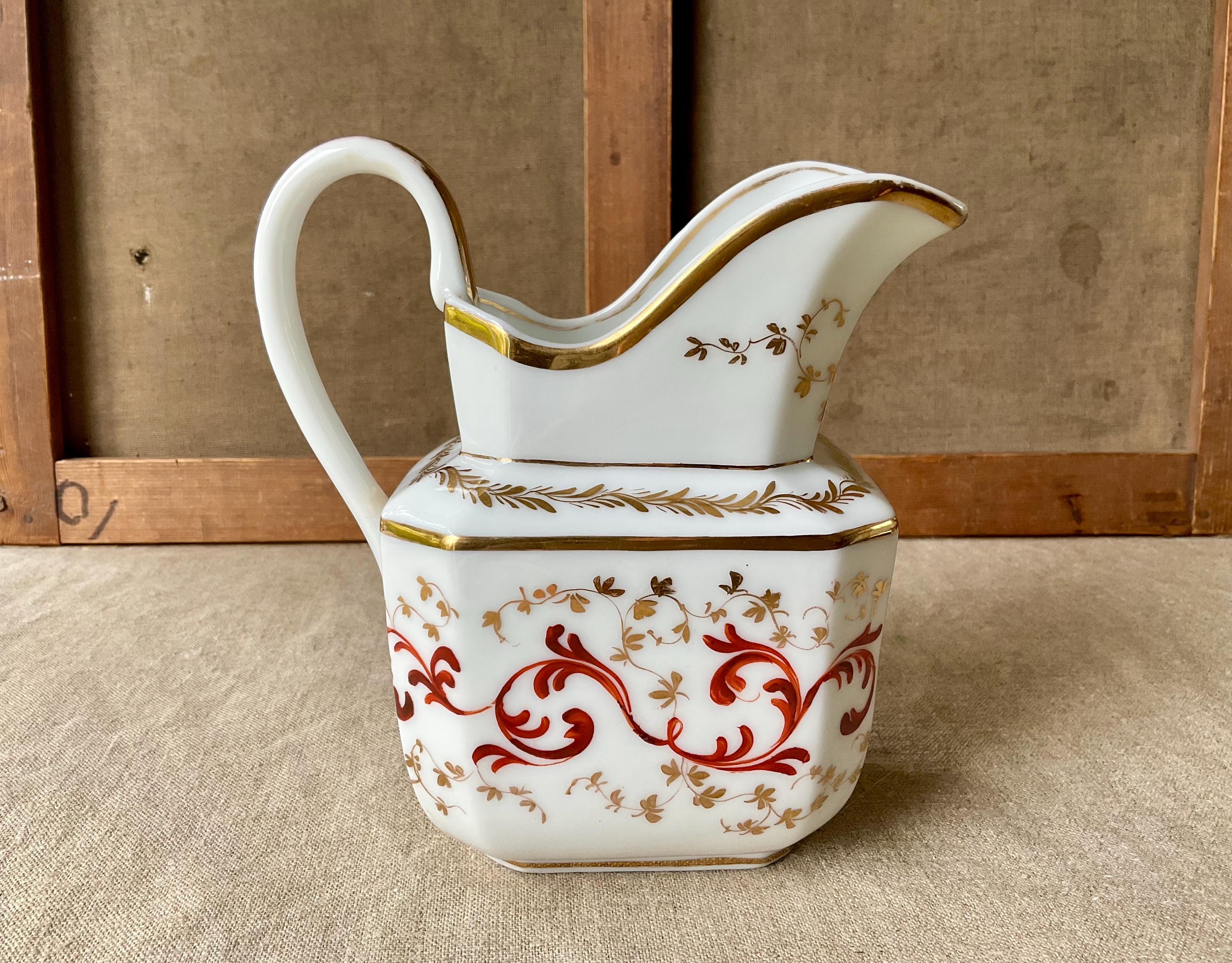 French vintage Small jug, 19th white porcelain, hand painting, handmade, painted in gold, with butterfly