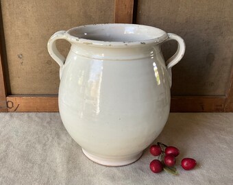 French vintage terracotta pot, white varnished, handmade, 19th, shabby chic style