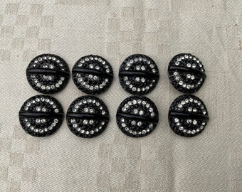 Français vintage 8 boutons, émail noir, ornement pour veste et robe, avec strass, faux diamants, noir et blanc, fait main, rayures