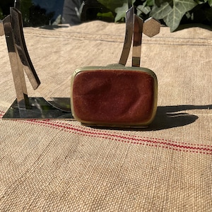 Très petit sac à main vintage français, cuir rouge et soie bleue, XIXe fait main