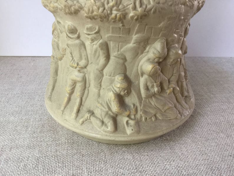 French vintage sandstone pot Sarreguemines 19th Antique beige fa\u00efence pot party in a village