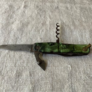 French vintage penknife, pocket knife, corkscrew, handmade, 2 Green Bakelites