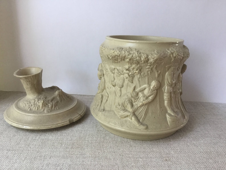 French vintage sandstone pot Sarreguemines 19th Antique beige fa\u00efence pot party in a village