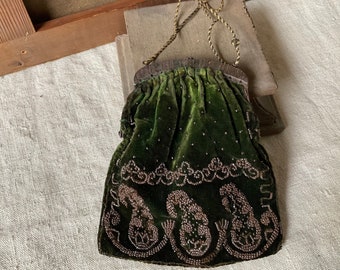 French vintage purse, tiny metal beads embroidered on green velvet, 19th small hand bag, handmade, metal clasp