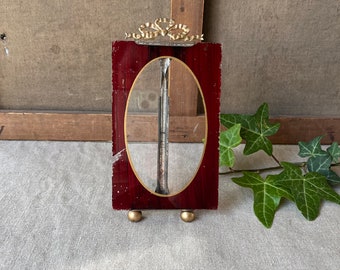 French vintage frame in brass with ribbon and knot, colored glass, 19th handmade, chips on glass, scratches