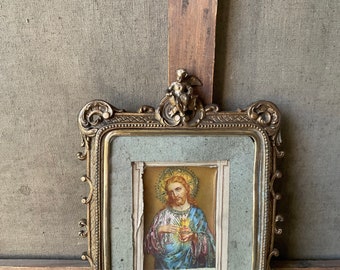 French Antique frame with angel in metal, 19th golden frame for photo, handmade, with glass