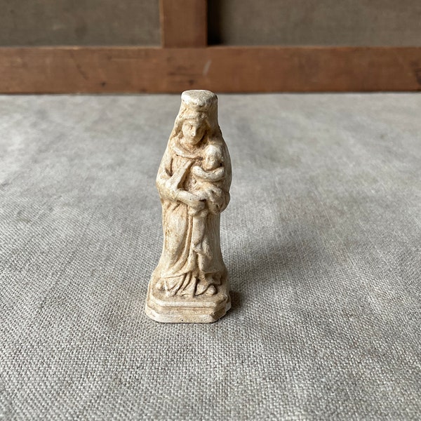 French vintage tiny religious statue, 19th, Jesus and his mother, miniature statuette, handmade, plaster