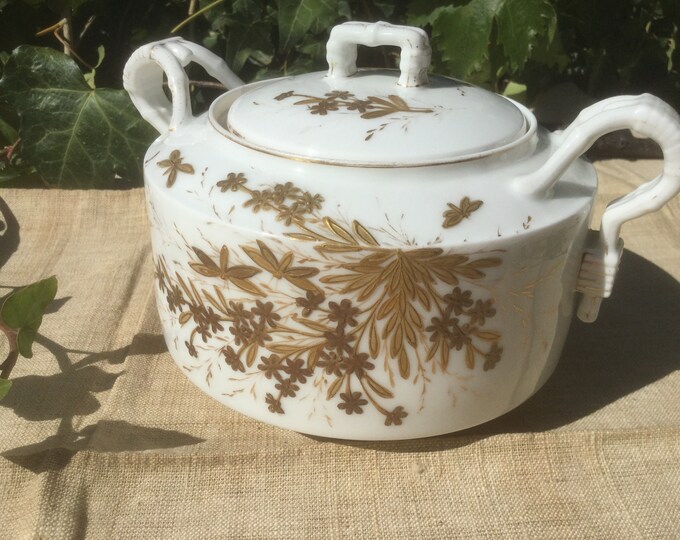 French Vintage Sugar Pot Porcelain Limoges France, 19th Fine Gold