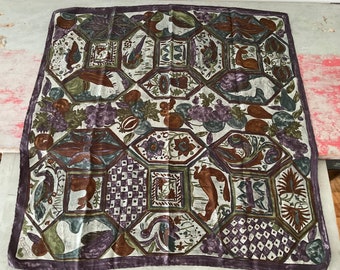 Romeo Gigli, Silk scarf, Vintage, square, handmade, animals and fruits