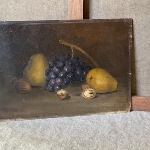 Henri LINARD, pintor francês, pintura vintage francesa, pintura à mão Natureza morta, com uvas, peras e nozes, óleo sobre papelão