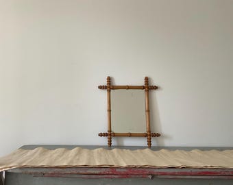 Francuskie lustro vintage, w drewnianej ramie, 1900, ręcznie robione, kształt bambusa