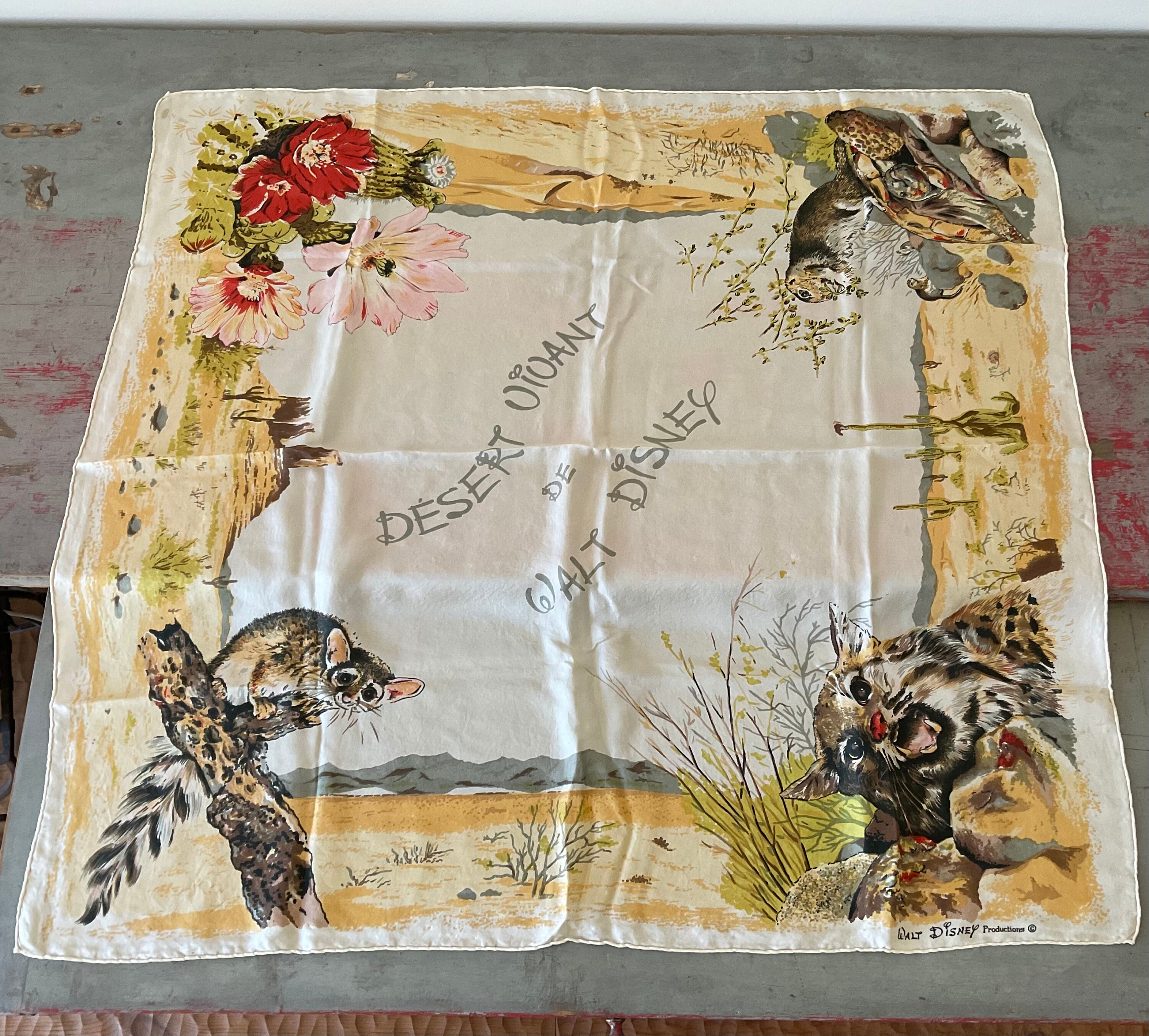 Walt Disney Vintage Silk Scarf Collectible Square Scarf 1950 Handmade With Animals and Flowers Etsy