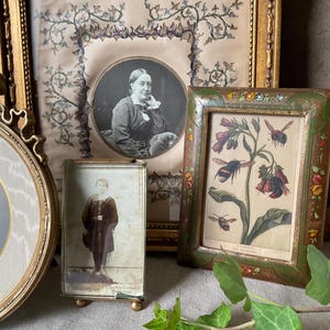 May include: A collection of antique framed pictures. Includes a portrait of a woman, a botanical print with bees, and a small photo of a child. The frames are gold and green, with ornate details.