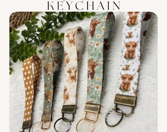 Fabric Wristlet Keychain | Highland Cow Pattern Key Fob | Handmade Key Holder
