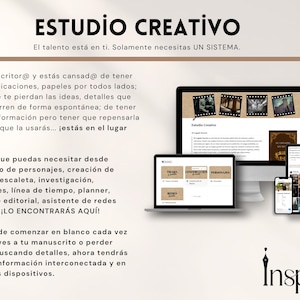 Könnte beinhalten: Werbebild für ein Kreativstudio, das einen Desktop-Computer, einen Laptop, ein Tablet und ein Smartphone zeigt, die eine Website-Oberfläche anzeigen. Der Text lautet "ESTUDIO CREATIVO" und "Inspire."
