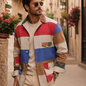 May include: A long-sleeve button-up jacket featuring a color-blocked pattern of horizontal stripes in red, blue, tan, and olive green. The jacket includes a pointed collar, two chest pockets with flaps, and two lower pockets with flaps and buttons.