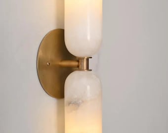 Moderne Messing Doppel Wandleuchte | Alabaster Wandleuchte | Luxus Badezimmer Eitelkeit Beleuchtungskörper