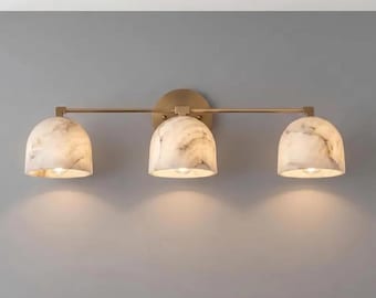 Modern Brass Alabaster Vanity Light | 3-Light Marble Bathroom Wall Sconce