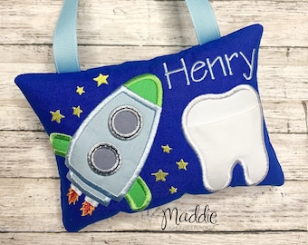 Rocket Tooth Fairy Pillow, Boys Tooth Fairy Pillow, Boy Tooth Pillow, Embroidered Tooth Pillow, Rocket Ship Pillow, Space Tooth Pillow