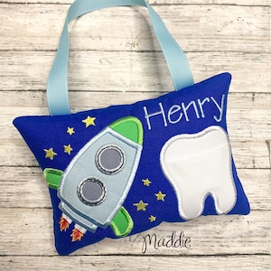 Rocket Tooth Fairy Pillow, Boys Tooth Fairy Pillow, Boy Tooth Pillow, Embroidered Tooth Pillow, Rocket Ship Pillow, Space Tooth Pillow