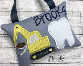 Excavator Tooth Fairy Pillow, Boys Tooth Fairy Pillow, Boy Tooth Pillow, Embroidered Tooth Pillow, Construction Truck Pillow