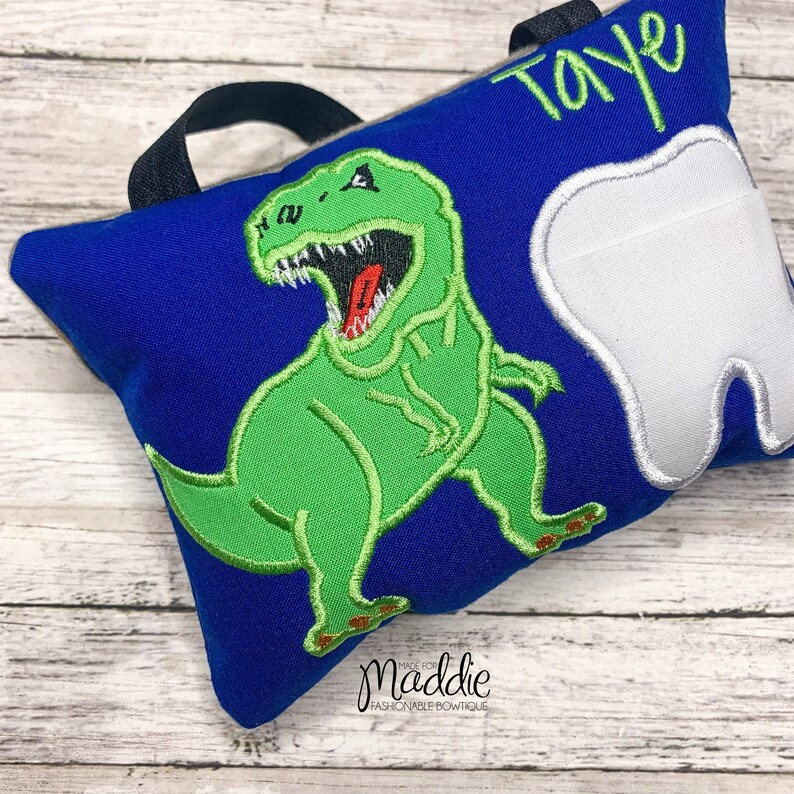 T Rex Tooth Fairy Pillow, Dinosaur Tooth Fairy Pillow, Tyrannosaurus Tooth Pillow, Personalized Tooth Pillow, Tyrannosaurus Rex Tooth Pillow image 5