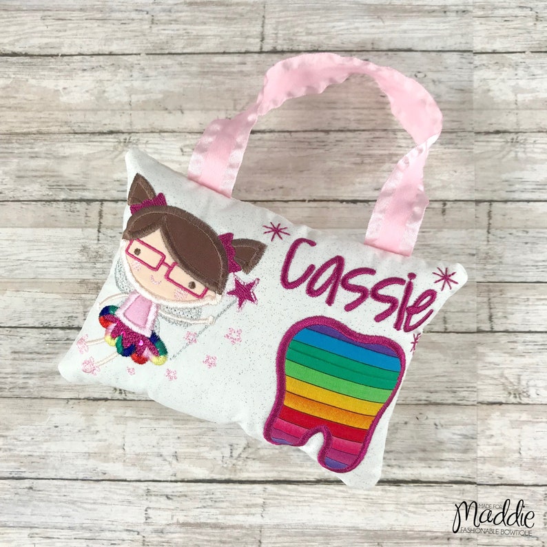 Personalized Tooth Pillow Tooth Fairy Pillow Tooth Fairy with Glasses Girls Tooth Pillow Tooth Pillow Rainbow Girl Tooth Fairy Pillow