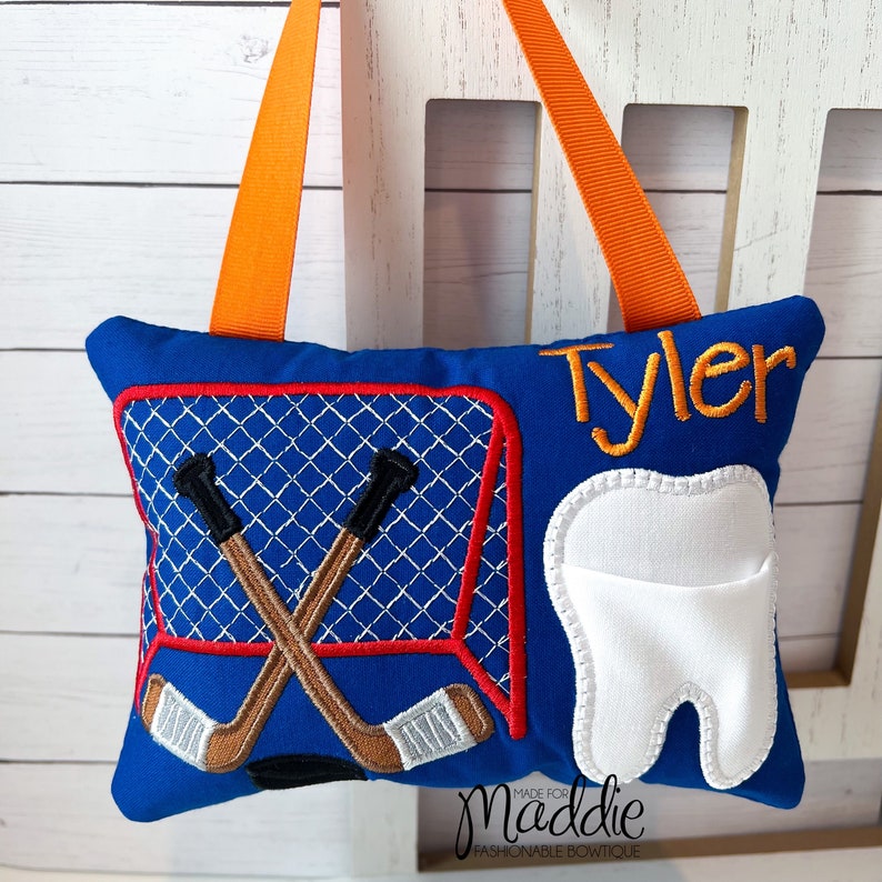 Hockey Tooth Fairy Pillow, Boys Tooth Fairy Pillow, Boy Tooth Pillow, Personalized Tooth Pillow, Embroidered Pillow, Tooth Fairy Pillow image 4