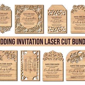May include: A collection of laser-cut wooden wedding invitations in various shapes. Each invitation features the text "Save the Date" with names and wedding details. The bundle includes different decorative designs and floral elements.
