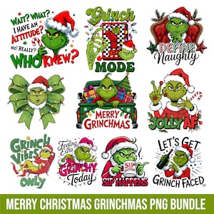 Könnte beinhalten: Eine digitale Sammlung von neun Grinch-Illustrationen, die den grünen Charakter in verschiedenen weihnachtlichen Posen zeigen. Der Text umfasst "Wait? What? I have an attitude? No! Really? Who knew?", "Grinch Mode", "Define Naughty", "Merry Grinchmas", "Jolly AF", "Grinch Vibes Only", "Feeling Extra Grinchy Today", "Sip Happens" und "Let's Get Grinch Faced".