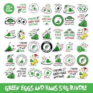 May include: A collection of 35+ SVG designs featuring green eggs and ham illustrations. The designs include various circular and rectangular shapes with text that reads "I do like green eggs and hams". The color palette is primarily green, white, and black.