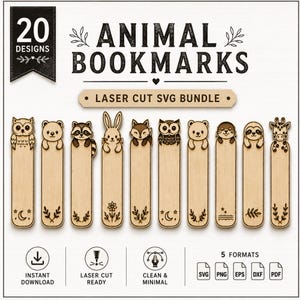 May include: A digital bundle of 20 animal bookmark designs for laser cutting. The image displays ten light-colored wooden bookmarks featuring engraved animals like an owl, bear, raccoon, rabbit, fox, and giraffe, with text reading 20 ANIMAL BOOKMARKS.