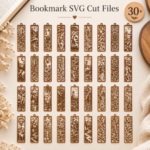 Puede incluir: Una colección de 32 diseños de marcapáginas rectangulares marrones cortados con láser que presentan intrincados patrones de naturaleza, animales y paisajes. El texto "Bookmark SVG Cut Files" y "30+" indica archivos digitales.