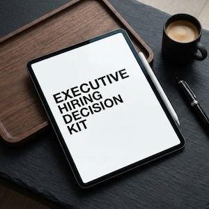 May include: A digital tablet with the text "EXECUTIVE HIRING DECISION KIT" is on a dark surface, with a stylus, a black coffee mug, and a pen. A wooden tray is in the background.