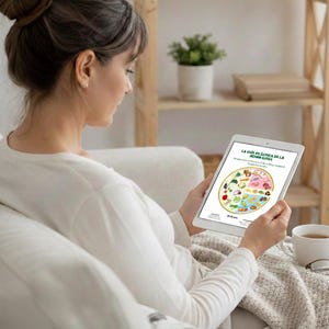 Puede incluir: Una persona sentada en un sofá sostiene una tableta que muestra un diagrama colorido de grupos de alimentos. La pantalla de la tableta muestra texto en español, con un gráfico circular de frutas, verduras y otros alimentos. La persona lleva una camisa blanca de manga larga.