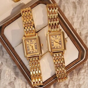 Gold-Tone Tank Watch – Vintage-Style Rectangular Roman Numeral Minimalist Quartz Wristwatch for Women