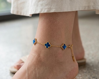 ゴールドクローバーフラワーブレスレットアンクレット - 調節可能な上品なラッキーチェーンジュエリー - 彼女へのギフト