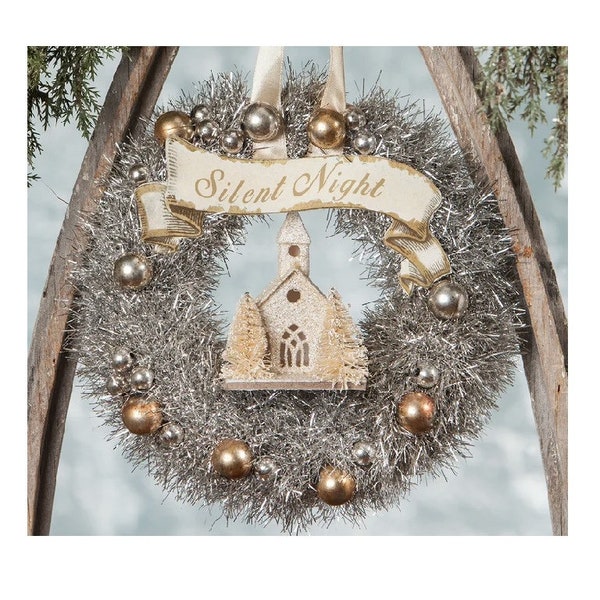 Bethany Lowe Christmas Tinsel wreath church "Silent Night" Gold trim ~ 6"