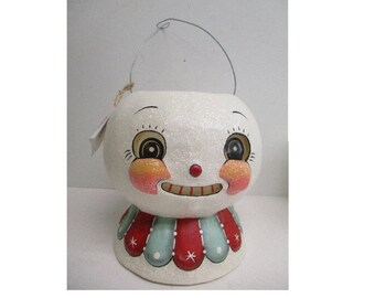 Johanna Parker Bethany Lowe Christmas Minty Beau Snow Glow Snowman Large Bucket Paper Mache- Vintage Style