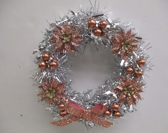 Christmas Silver Tinsel wreath Ornament with Rose Gold trims ~ 5.5"