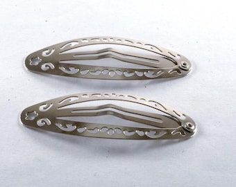 Retro Hair Barrette Snap Clip Pair Decorative Silver Tone Metal Barrette 3/4" x 2 1/4"