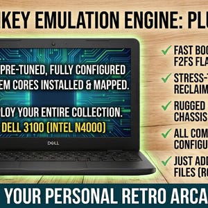 May include: A black Dell 3100 laptop with an Intel N4000 processor, featuring a screen displaying text about a turnkey emulation engine. The image includes bullet points detailing features like F2FS flash storage, system cores, and a rugged chassis.