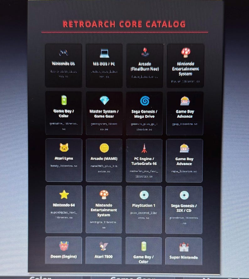 May include: A dark image displaying the RetroArch Core Catalog. The catalog features various gaming platforms, including Nintendo DS, MS-DOS/PC, Arcade, and Nintendo Entertainment System. Each platform is represented by a small icon and text.